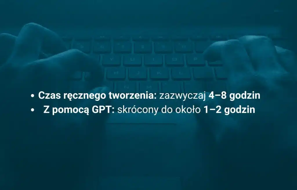 Czas ręcznego tworzenia: zazwyczaj 4–8 godzin. Z pomocą GPT: skrócony do około 1–2 godzin.
